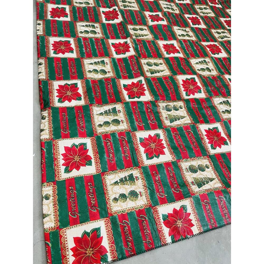 Vintage Vinyl Tablecloth Flannel Backed Christmas Tree Poinsettia Red Tan 98x60"